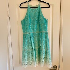 Adelyn Rae Teal Ombré Lace Crochet Fit and Flare Dress